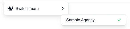 Real English desktop user menu with a fictional account and open team selector, where Sample Agency is marked as active.