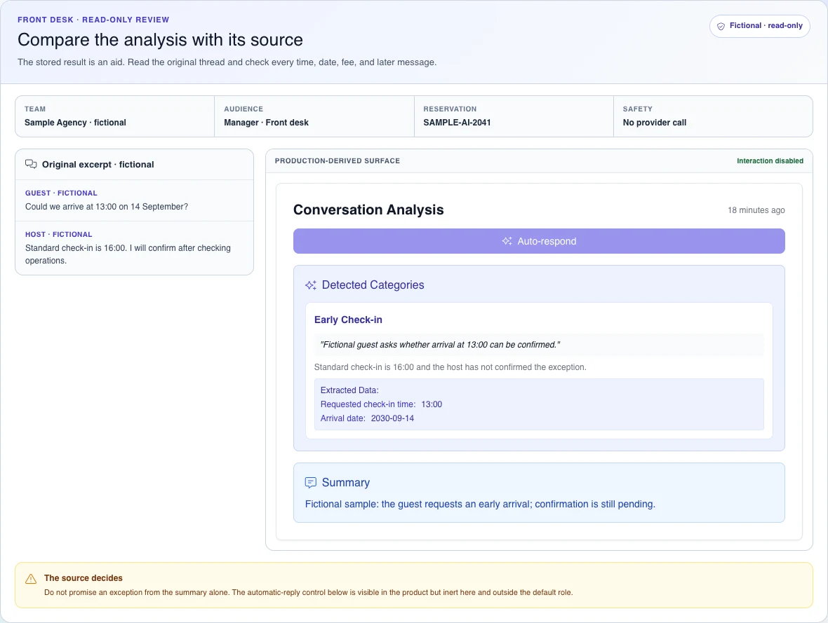 English desktop view comparing a fictional early-arrival conversation with its AI analysis; automatic response is inert.