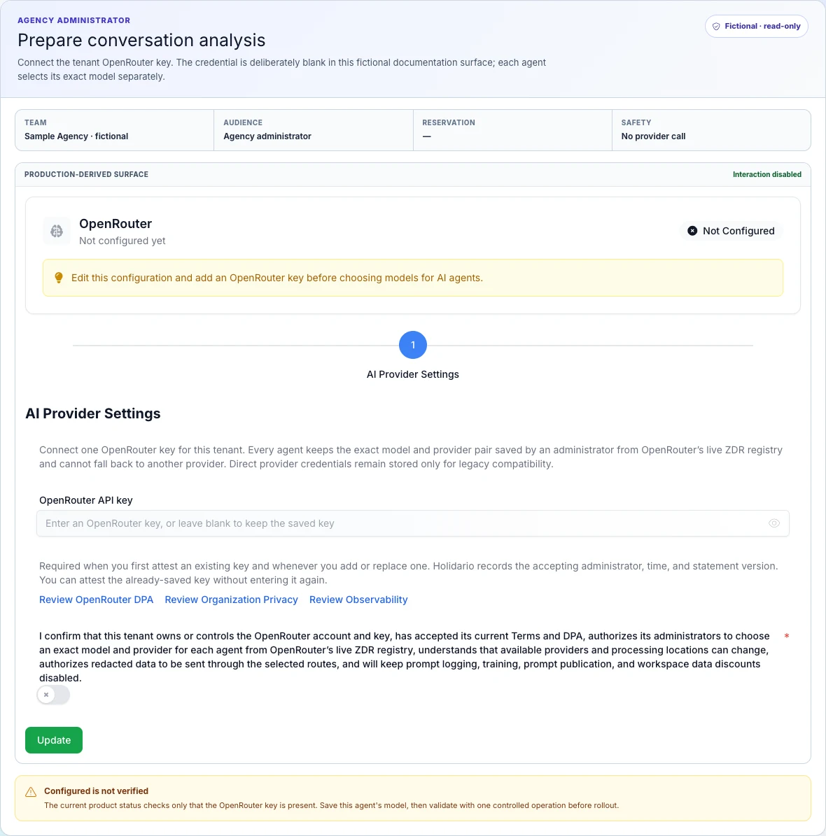 English desktop view of the fictional OpenRouter form, with a blank key, review links, and the mandatory declaration left unaccepted.