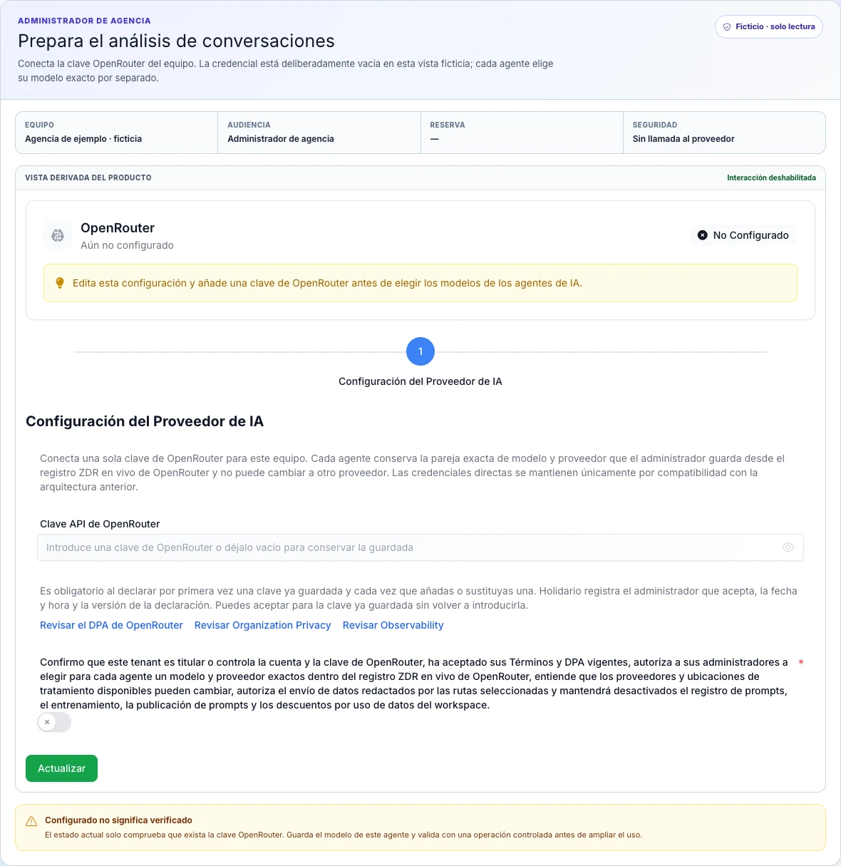 Vista de escritorio en español del formulario ficticio de OpenRouter, con la clave vacía, enlaces de revisión y la declaración obligatoria sin aceptar.