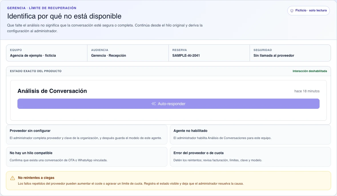 Vista de escritorio en español de la tarjeta de análisis casi vacía tras un error ficticio almacenado; el error no se muestra y la acción está inerte.