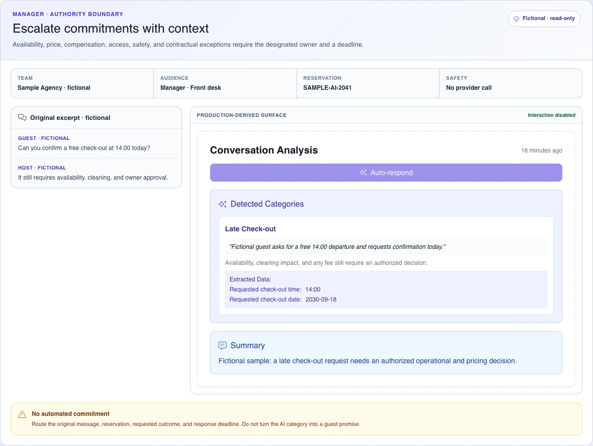 English desktop view of a fictional late-checkout request, its AI analysis, and the boundary preventing an automatic promise.