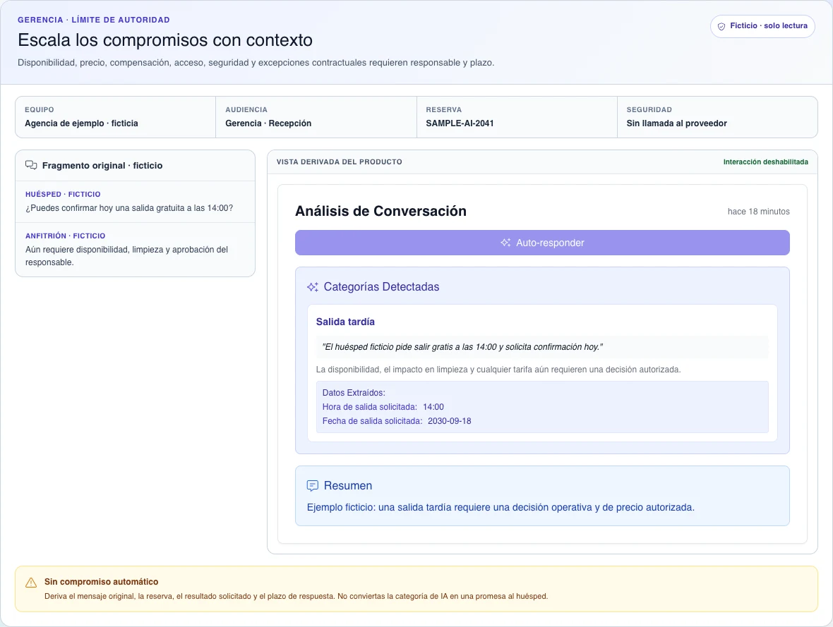 Vista de escritorio en español de una solicitud ficticia de salida tardía, su análisis de IA y el límite que impide convertirlo en una promesa automática.