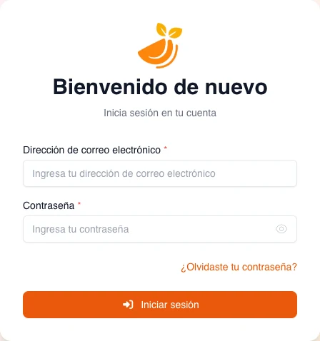 Pantalla real de acceso en español, sin datos personales, centrada en los campos de correo y contraseña, el enlace de recuperación y el botón Iniciar sesión.