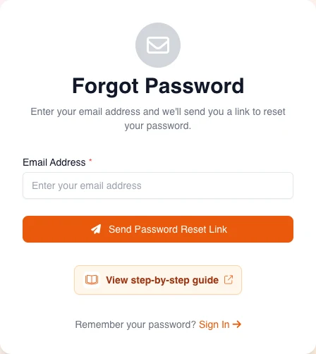 Real English password-reset request screen with an empty email field and the Send Password Reset Link button.
