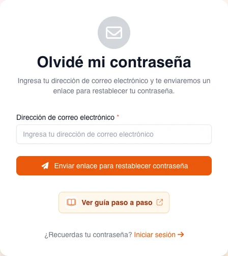 Pantalla real para solicitar el restablecimiento de contraseña en español, con el campo de correo vacío y el botón de envío del enlace.