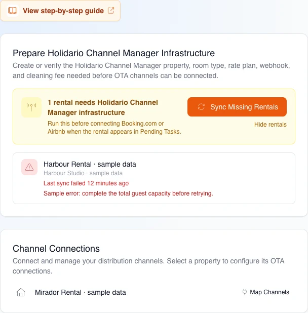 Real English Channel Manager settings with one fictional failed rental, relative time, sample cause, and an inert retry action.