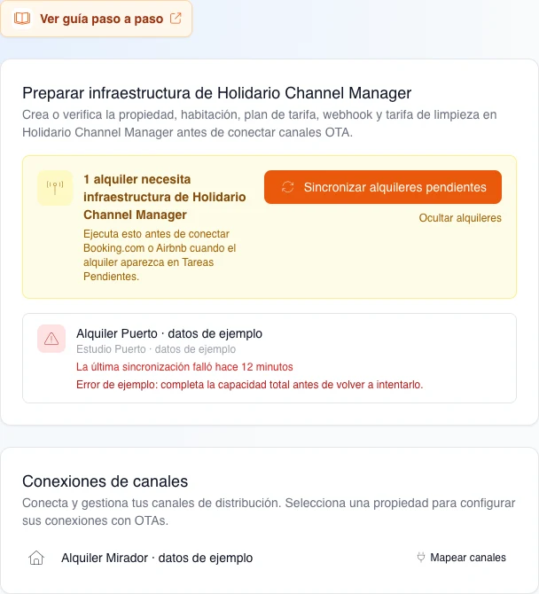 Configuración real del Channel Manager con un alquiler ficticio fallido, hora relativa, causa de ejemplo y acción de reintento visible pero inerte.