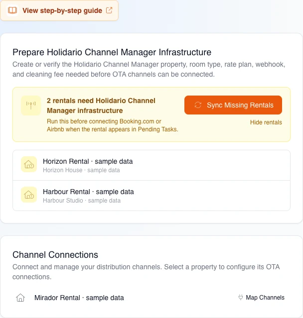 Real English Channel Manager settings with two fictional rentals needing infrastructure, the expanded list, and an inert synchronization action.