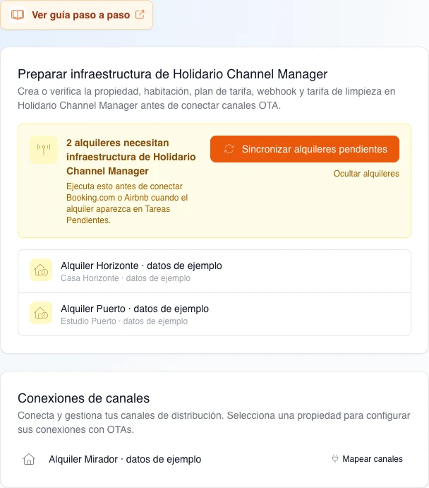 Configuración real del Channel Manager con dos alquileres ficticios que necesitan infraestructura, la lista desplegada y la acción de sincronización visible pero inerte.