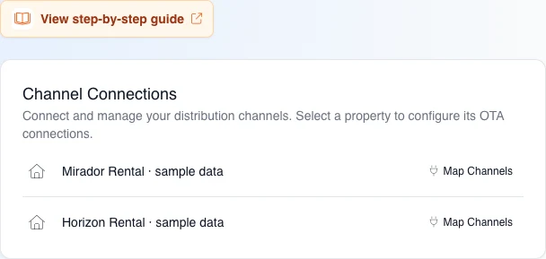 Real English Channel Connections with two fictional prepared rentals and Map Channels visible, without opening or validating external mapping.