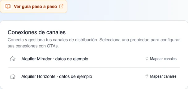 Conexiones de canales reales con dos alquileres ficticios preparados y la acción Mapear canales visible; la captura no abre ni valida el mapeo externo.