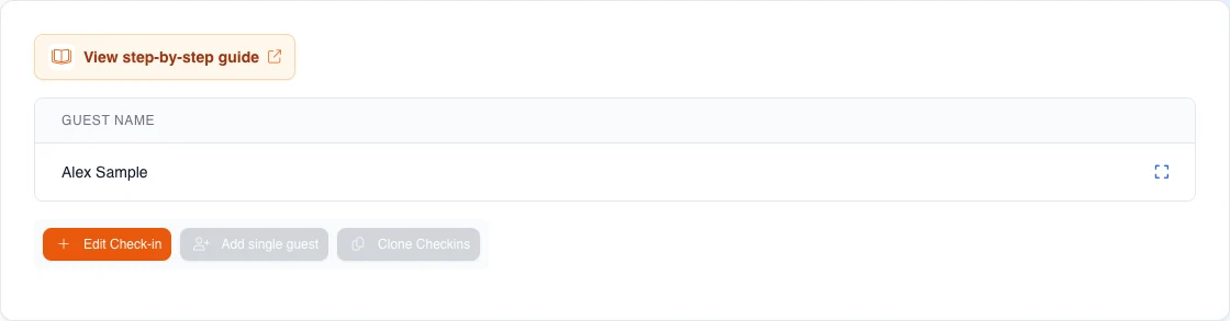 Real English check-in tab with one fictional person already registered and actions to edit or extend the party.