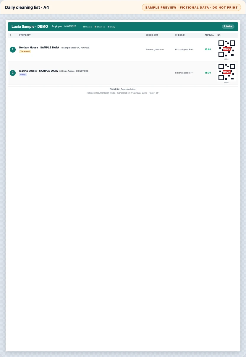 Real daily PDF list with two fictional cleanings, departures, arrivals, times, and non-scannable demonstration QR codes.