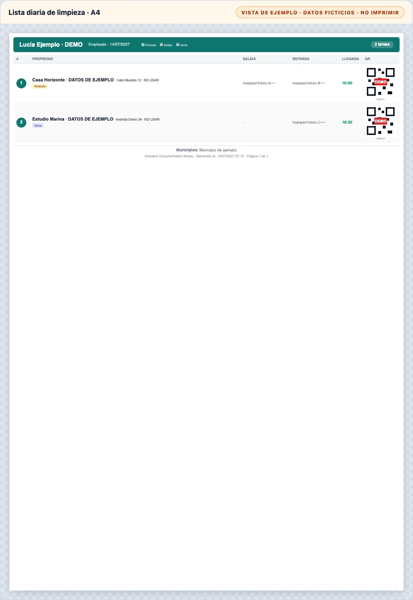 Lista diaria PDF real con dos limpiezas ficticias, salidas, entradas, horas y códigos QR de demostración no escaneables.