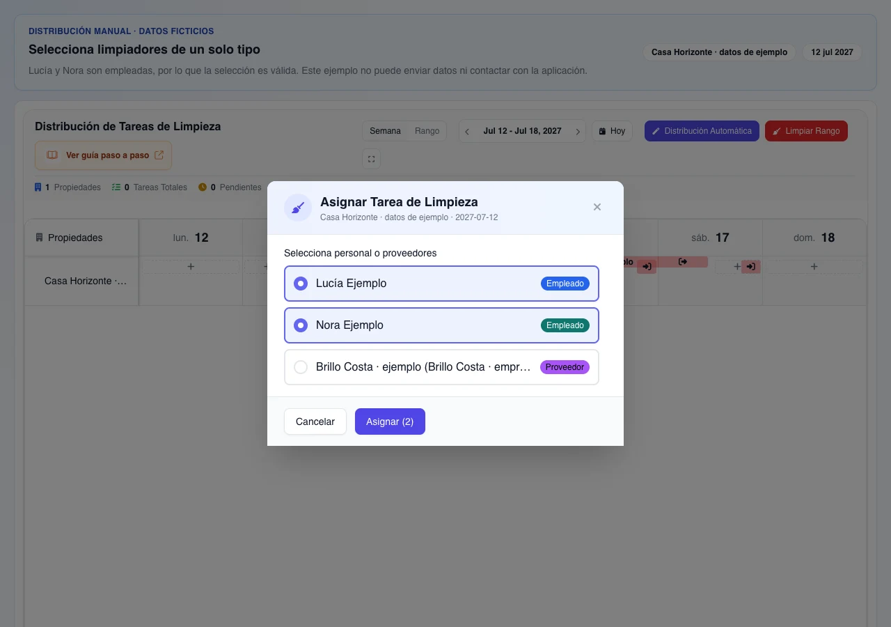 Modal real de asignación en español con datos ficticios: Lucía y Nora seleccionadas como empleadas, proveedor externo sin seleccionar y botón Asignar (2) visible pero inerte.