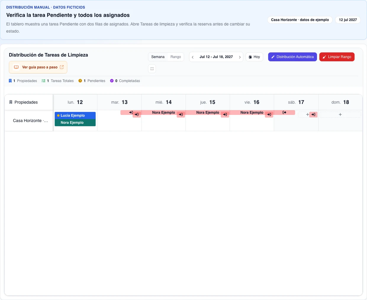 Tablero real en español con una tarea ficticia Pendiente el 12 de julio, dos filas de asignados —Lucía y Nora— y contadores 1 total, 1 pendiente y 0 completadas.