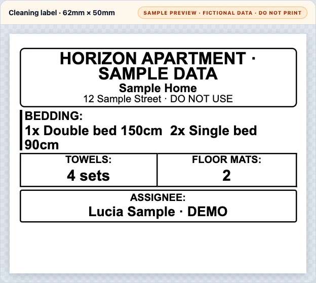 Real 62 × 50 mm individual label with fictional property, bedding, supplies, and assignee, clearly marked as a non-printable sample.