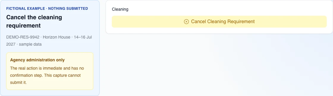 Real Cancel Cleaning Requirement control for a fictional reservation, with the warning that the action has no confirmation step.