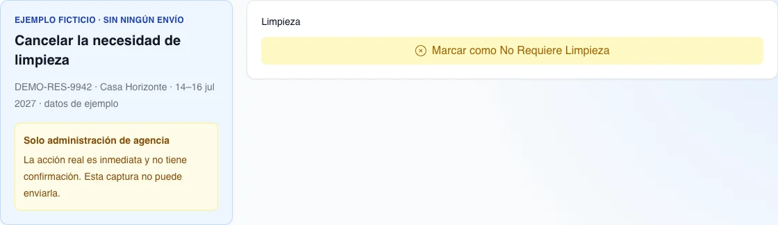 Control real de calendario Marcar como No Requiere Limpieza para una reserva ficticia, acompañado del aviso de que se aplica sin confirmación.