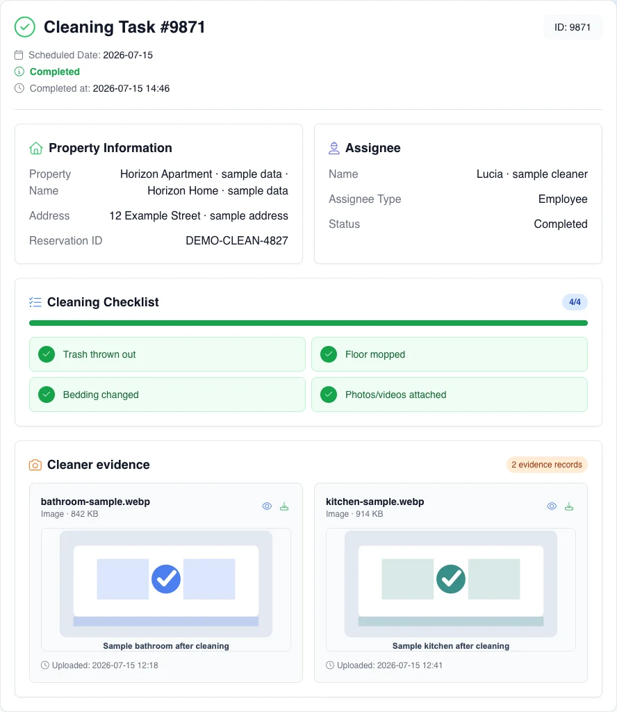 Product-derived review composition with a fictional Completed cleaning, complete checklist, completion time, and two sample evidence images.