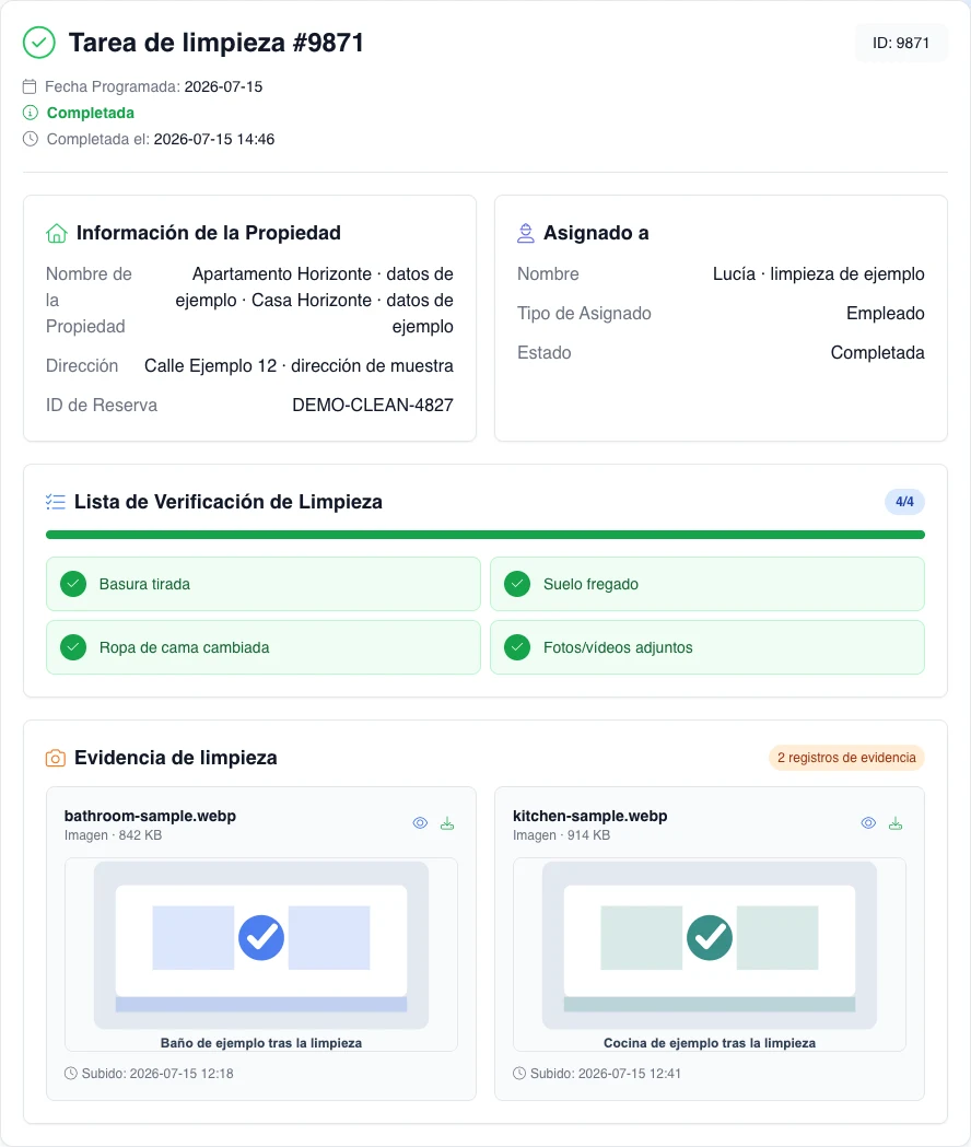 Composición de revisión con una limpieza ficticia Completada, checklist completo, hora de cierre y dos imágenes de evidencia de muestra.