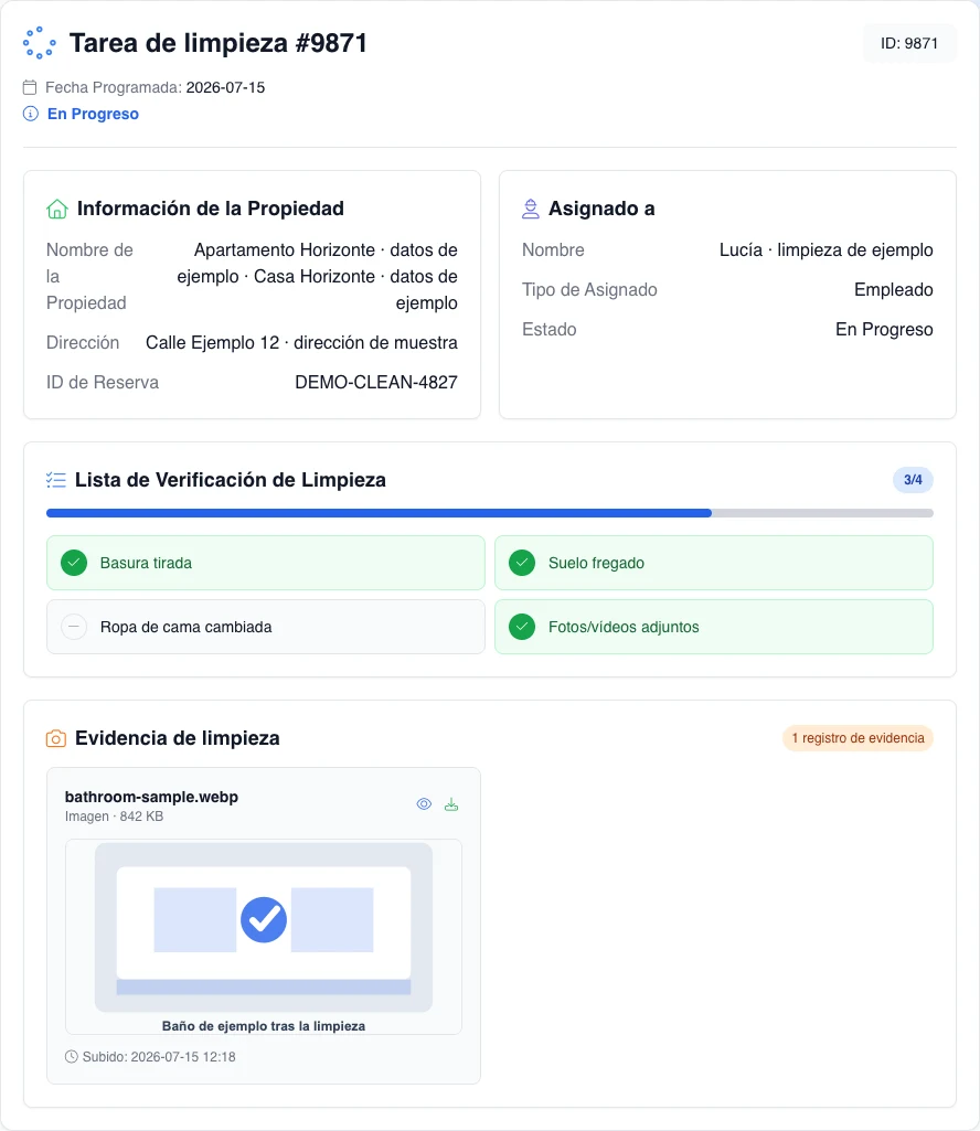 Composición de revisión derivada del producto con una limpieza ficticia En progreso, tres de cuatro puntos completos y una evidencia real de muestra.