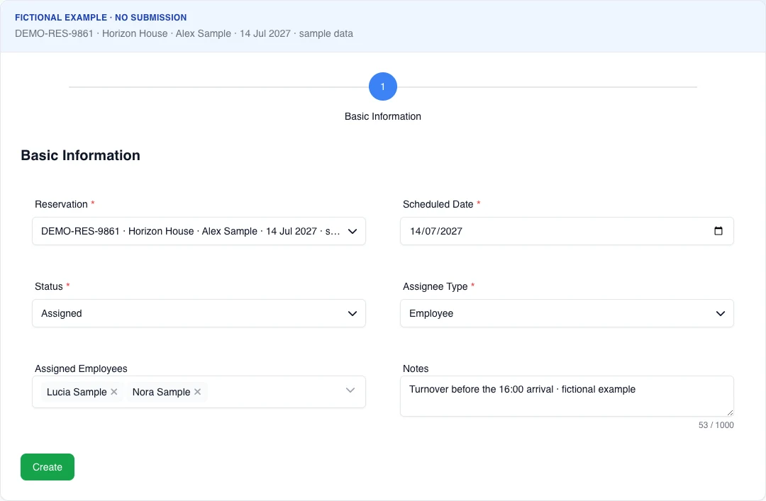Real English cleaning-task form with a fictional reservation, date, Assigned status, two selected employees, and notes; it cannot be submitted.