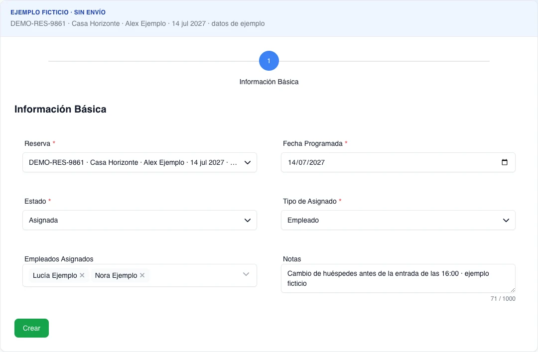 Formulario real de tarea de limpieza con una reserva ficticia, fecha, estado Asignada, dos empleadas seleccionadas y notas de cambio; la captura no puede crear la tarea.