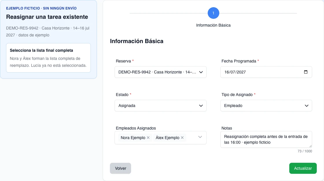 Formulario real de edición de una tarea de limpieza con reserva ficticia, fecha, estado Asignada y la lista final completa de Nora y Álex.