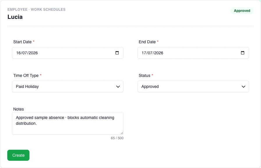 Real time-off form with a fictional employee, inclusive dates, paid holiday, and Approved status.