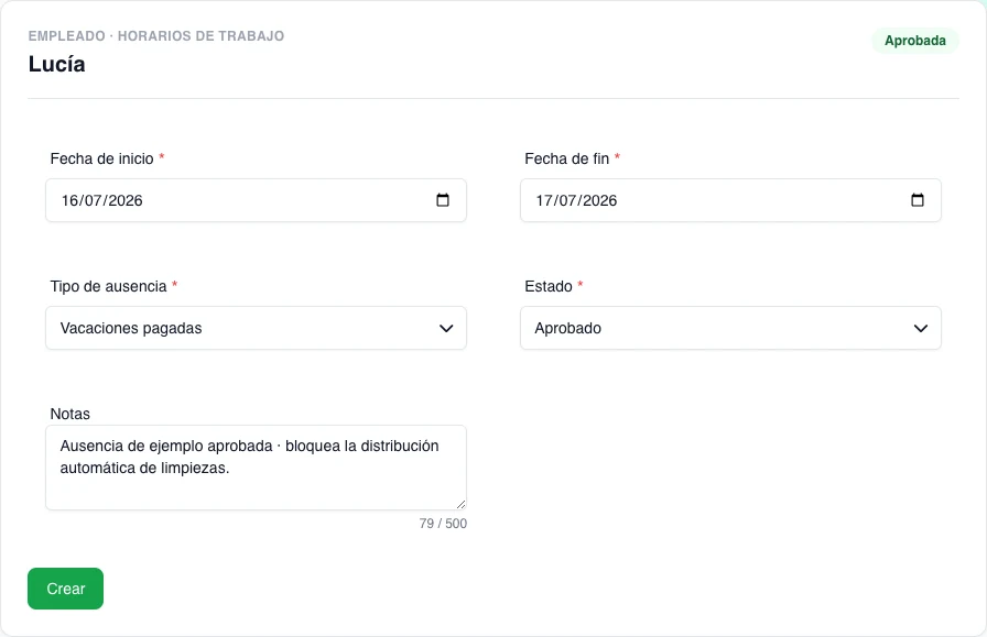 Formulario real de ausencia con empleada ficticia, fechas inclusivas, vacaciones pagadas y estado Aprobado.