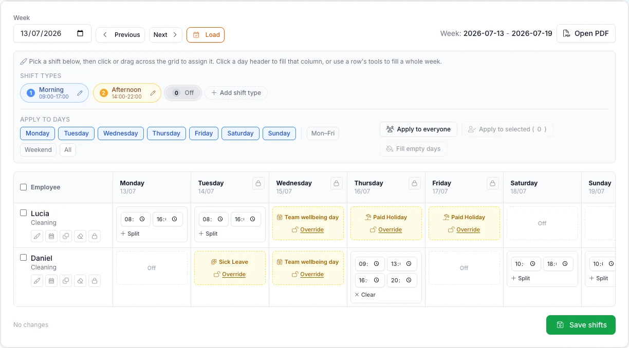 Real weekly planner with two fictional cleaners and cells blocked by paid holiday, sick leave, and a team holiday.