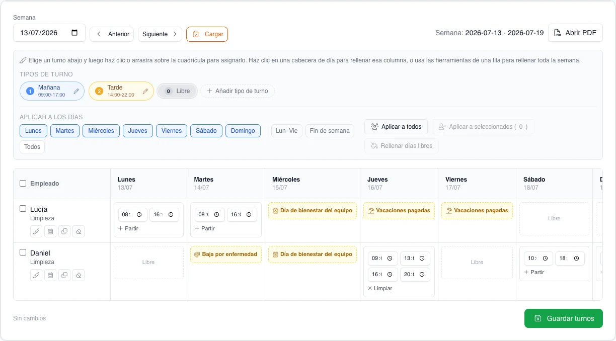 Planificador semanal real con dos limpiadores ficticios, vacaciones pagadas, baja por enfermedad y festivo del equipo bloqueados.