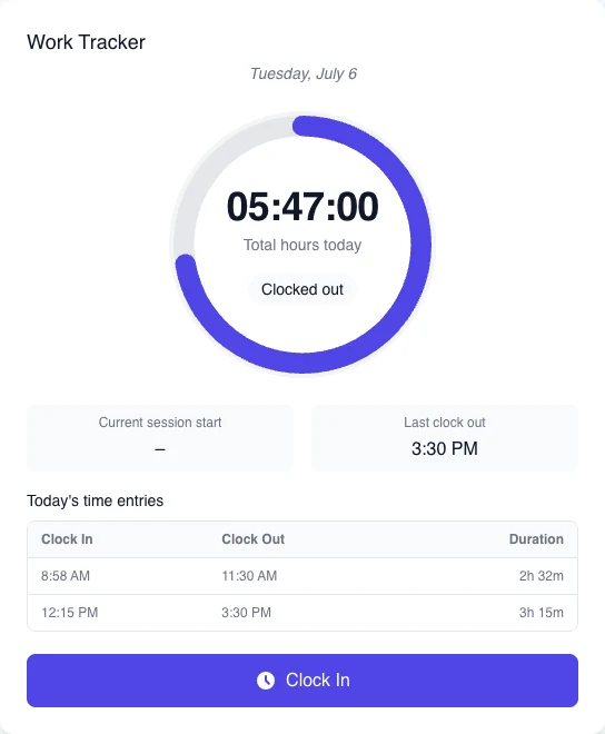 Real English Work Tracker widget in the Clocked out state with two fictional closed sessions in Today's time entries, the day's total hours, and the Clock In button.