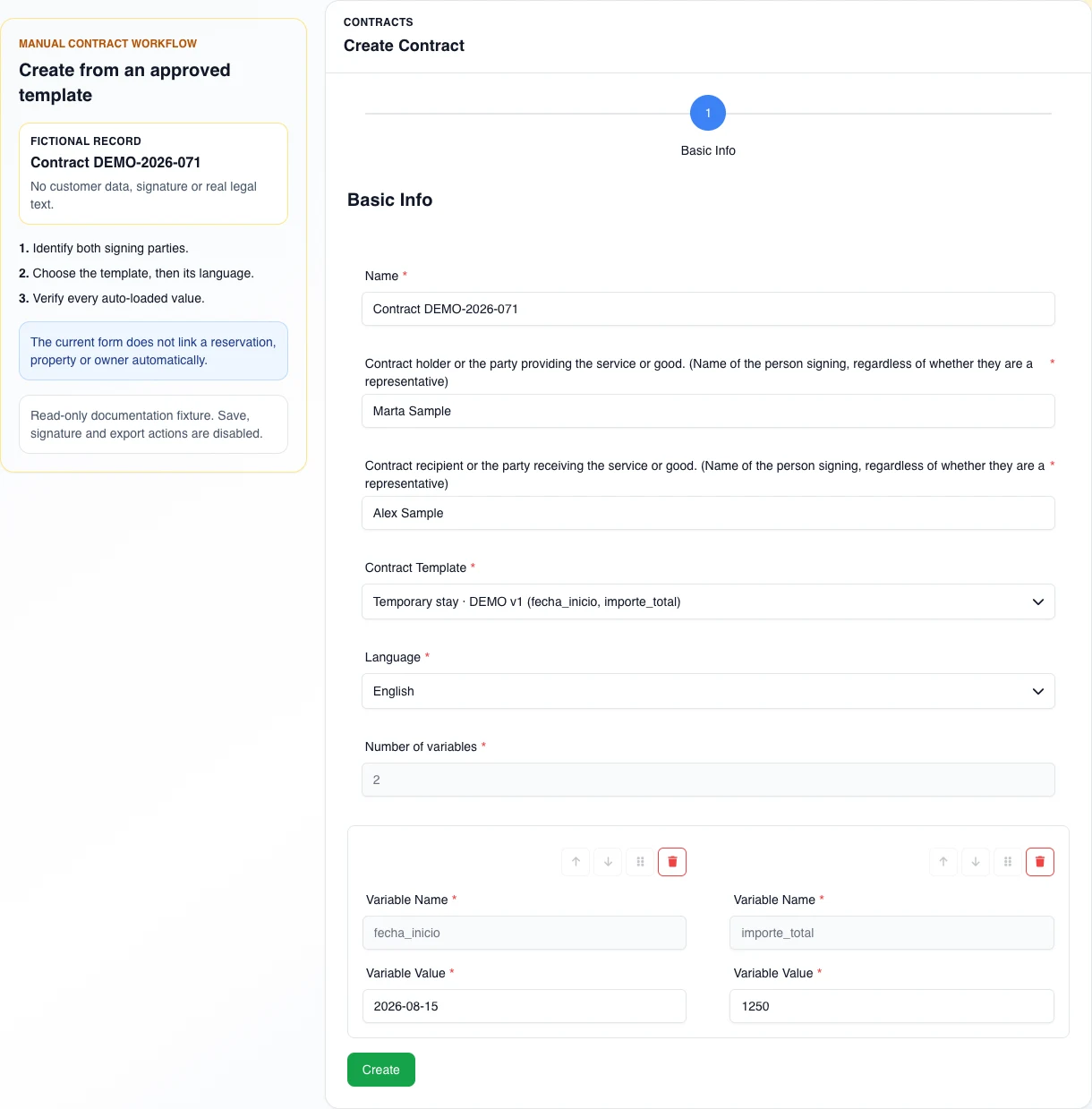 Real English form for creating fictional contract DEMO-2026-071 with both parties, the Temporary stay DEMO v1 template, English language, and two variable values.