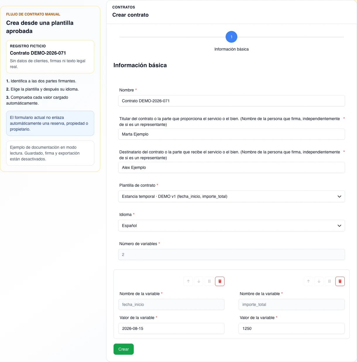 Formulario real de creación de contrato en español con el contrato ficticio DEMO-2026-071, ambas partes, la plantilla Estancia temporal DEMO v1, su idioma y dos valores de variable.
