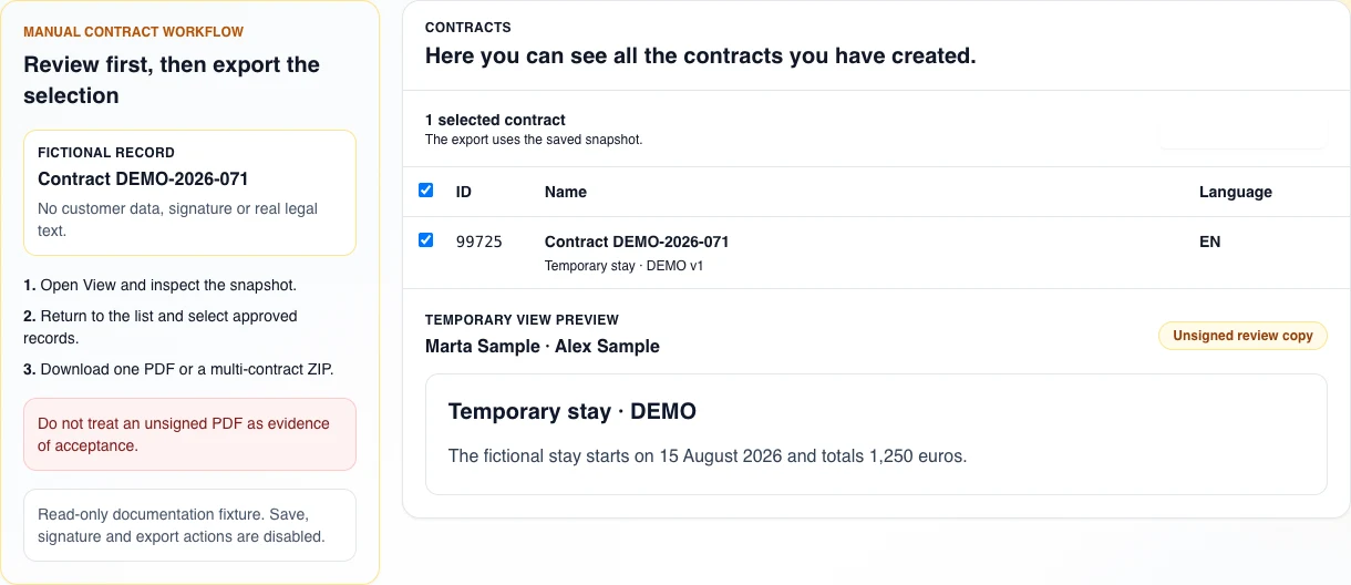 Real English review of the fictional Contract DEMO-2026-071 snapshot beside one selected row, its language, and the inert Download PDF control.