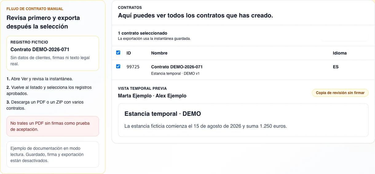 Revisión real en español de la instantánea ficticia del contrato DEMO-2026-071 junto a una fila seleccionada, su idioma y el control inerte Descargar PDF.