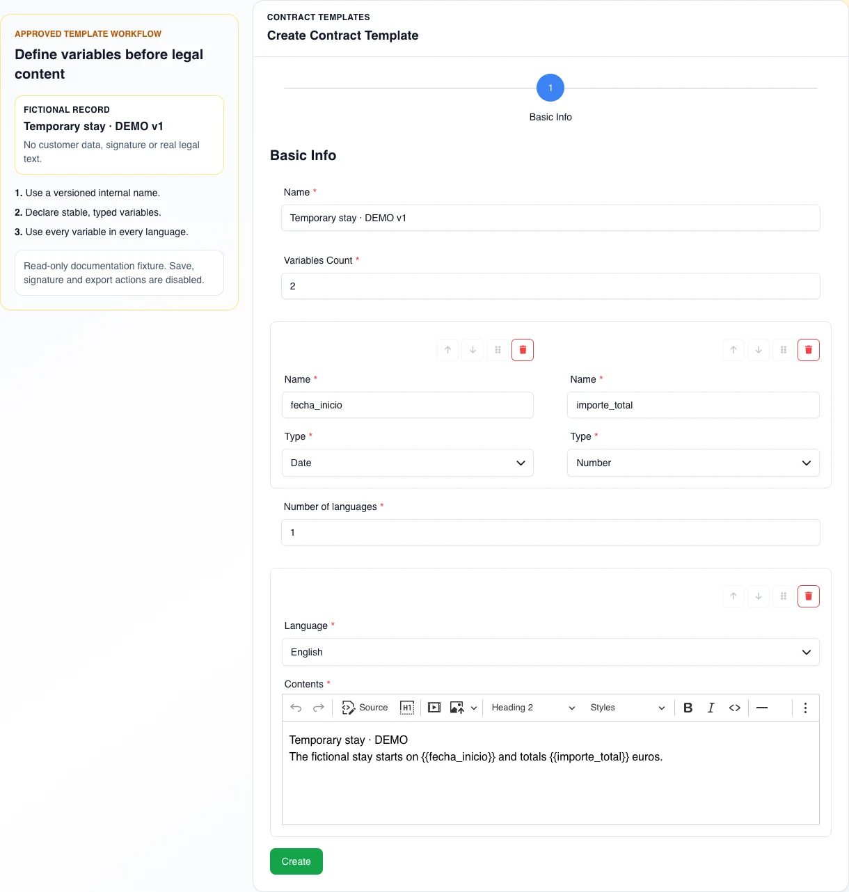 Real English contract-template form with the fictional Temporary stay DEMO v1 name and the fecha_inicio and importe_total variables declared before the content.
