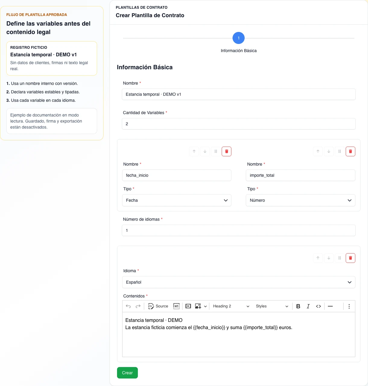 Formulario real de plantilla de contrato en español con el nombre ficticio Estancia temporal DEMO v1 y las variables fecha_inicio e importe_total declaradas antes del contenido.