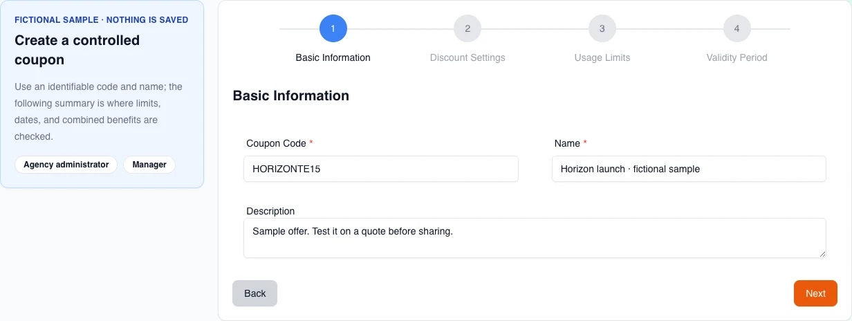 Real English coupon form at the Basic Information step, with HORIZONTE15 and fictional values preloaded without saving.