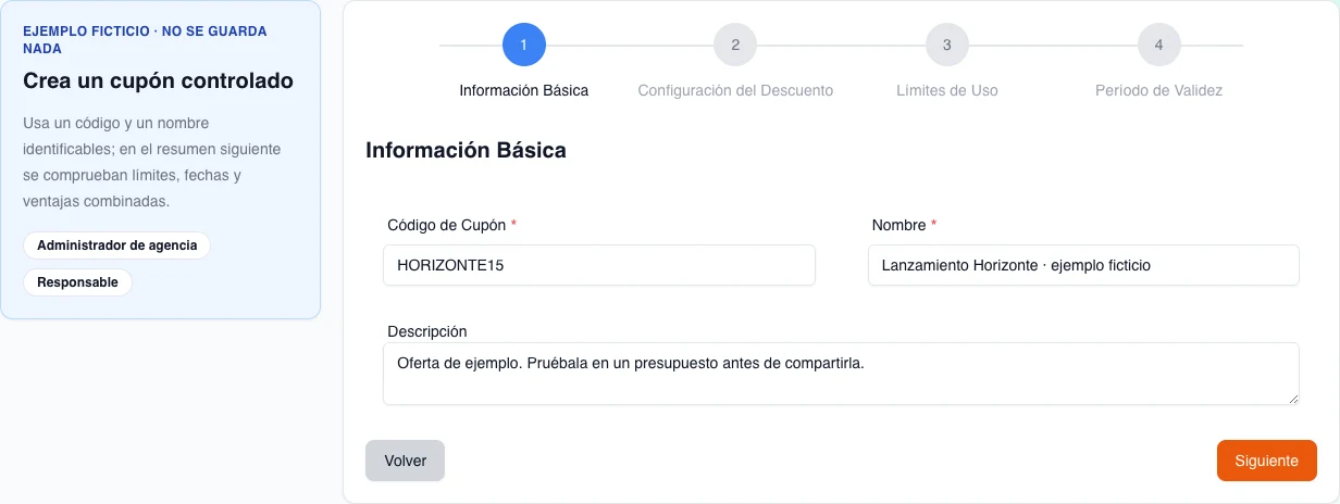 Formulario real de cupones en español en el paso Información básica, con HORIZONTE15 y datos ficticios precargados sin guardar.