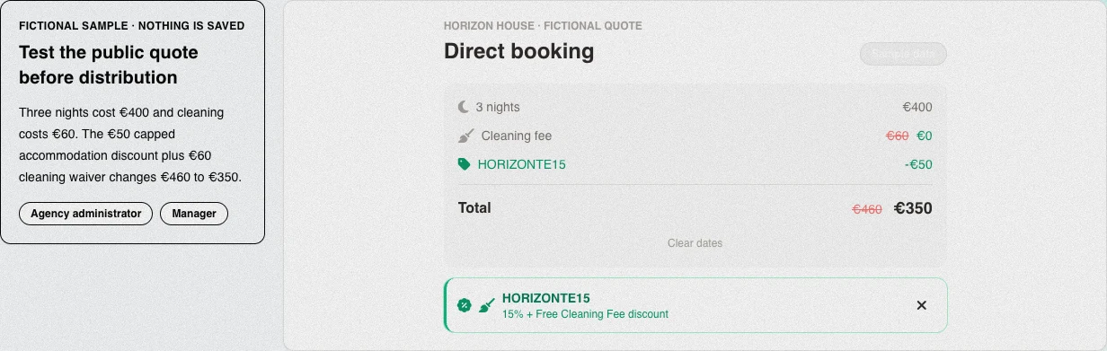 Real English public quote with HORIZONTE15 applied: EUR 400 accommodation plus EUR 60 cleaning changes from EUR 460 to EUR 350 before checkout.