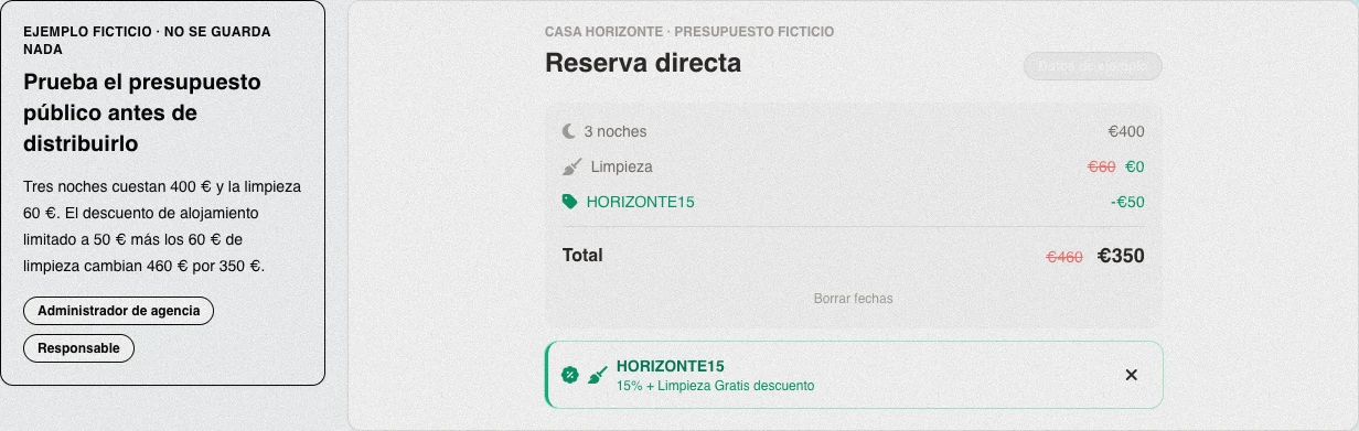 Presupuesto público real en español: HORIZONTE15 reduce 400 € de alojamiento más 60 € de limpieza, de 460 € a 350 €, antes del checkout.