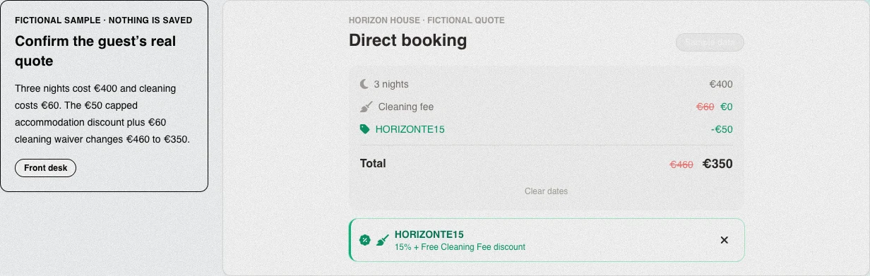Real English front-desk check with HORIZONTE15 applied and the public quote reduced from EUR 460 to EUR 350 before checkout.
