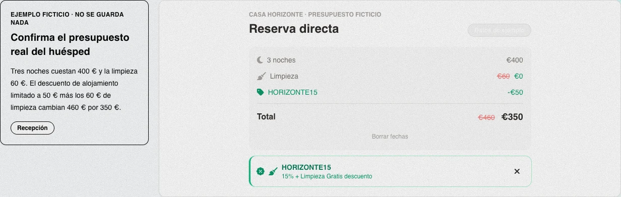 Comprobación real de recepción en español: HORIZONTE15 reduce el presupuesto público de 460 € a 350 € antes del checkout.