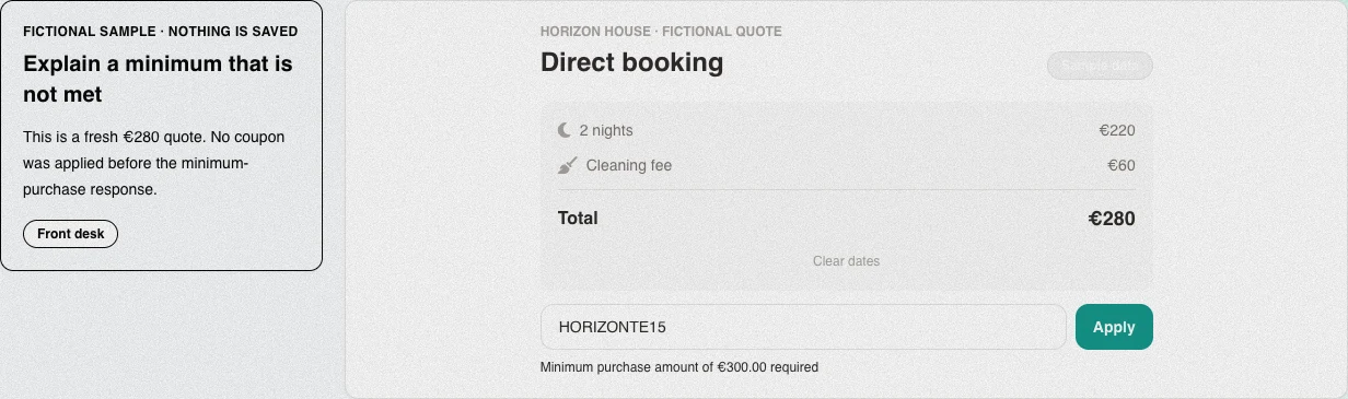 Fresh English EUR 280 public quote rejecting HORIZONTE15 for not meeting the EUR 300 minimum, with no prior coupon.