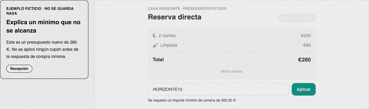 Presupuesto público nuevo en español de 280 € que rechaza HORIZONTE15 porque no alcanza el mínimo de 300 €, sin cupón aplicado previamente.