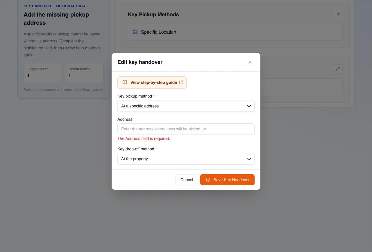 Real editor with Specific address selected and the required Address error visible without saving.